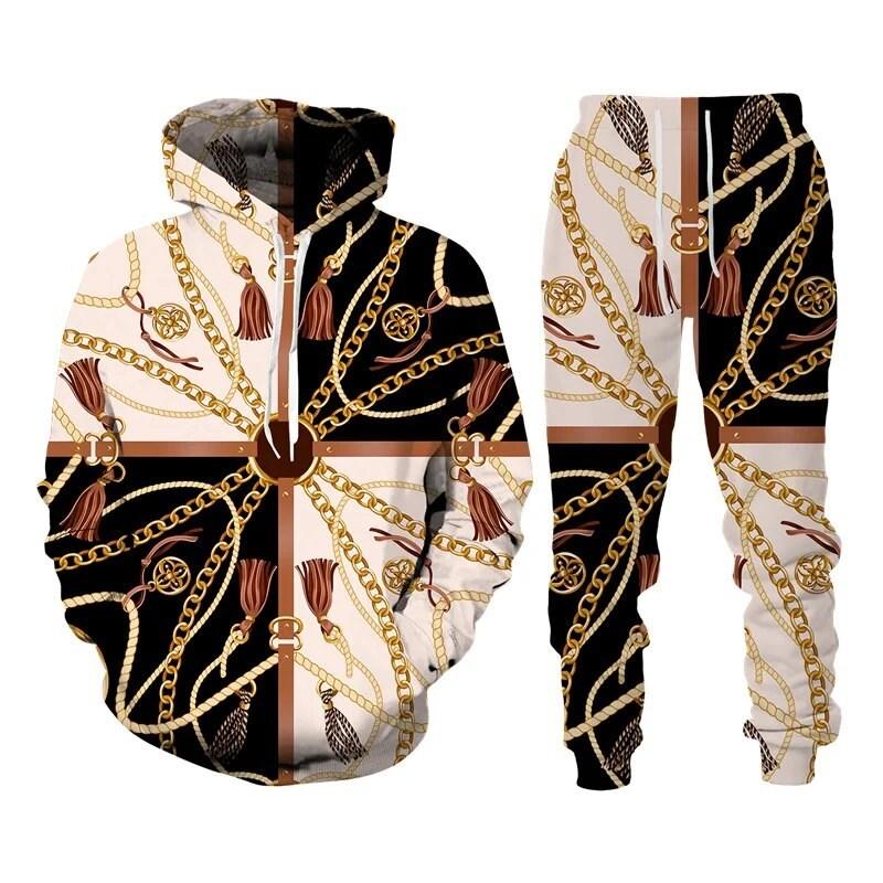 Fashion Luxury Golden Pattern Men Hoodie Sets 3D Print Sweatshirt Hooded Sweatshirt Oversize Sportswear Trousers Suit  Clothing