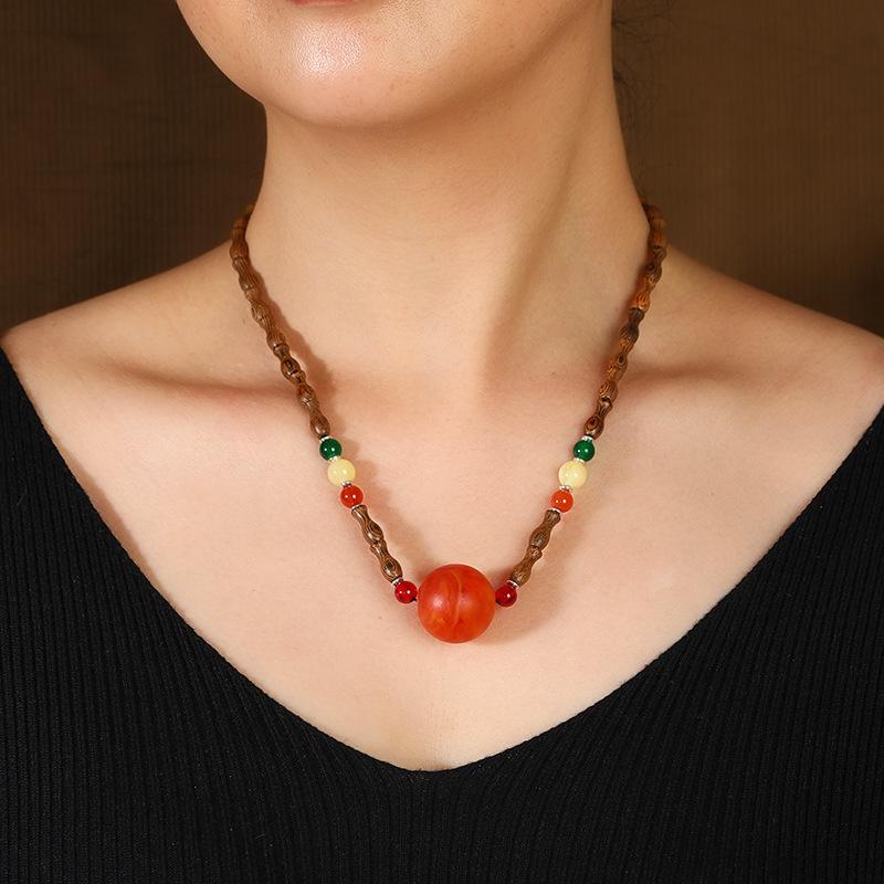 Retro New Chinese Wooden Bamboo Necklace Niche Design Beeswax Agate Pendant Collarbone Chain Women's Literary Accessories