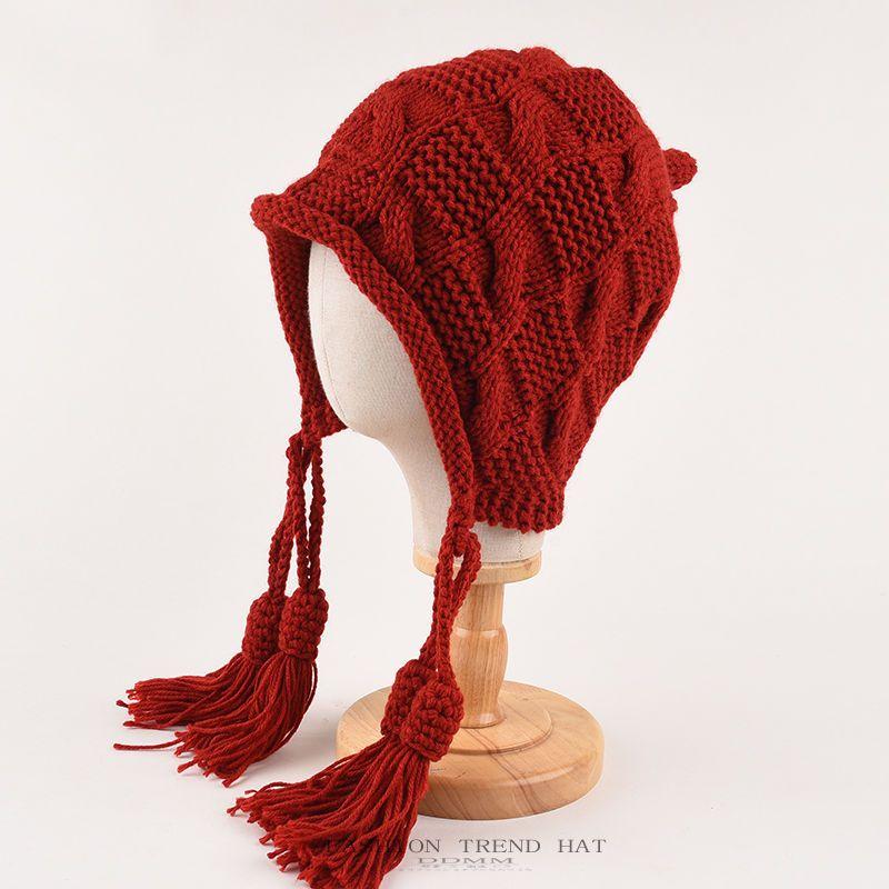 Ear Protection Wool Hat Female Versatile Knitting Tassel Plait Hat Autumn Winter Ladies Tassels Hat
