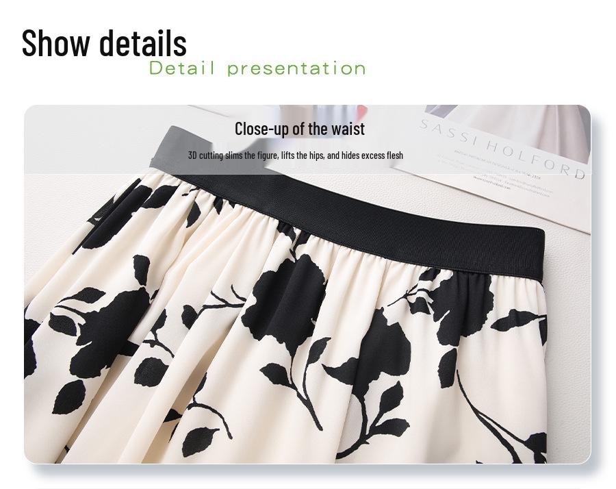Women's Black & White Floral High Waisted Pleated Chiffon Midi Skirt, Spring/Summer 2025 Collection