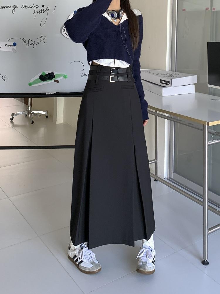 Vintage Belt Long Skirt Women Autumn 90s Aesthetic Streetwear Y2k High Waist Slim A-line Pleated Skirt Korean Style