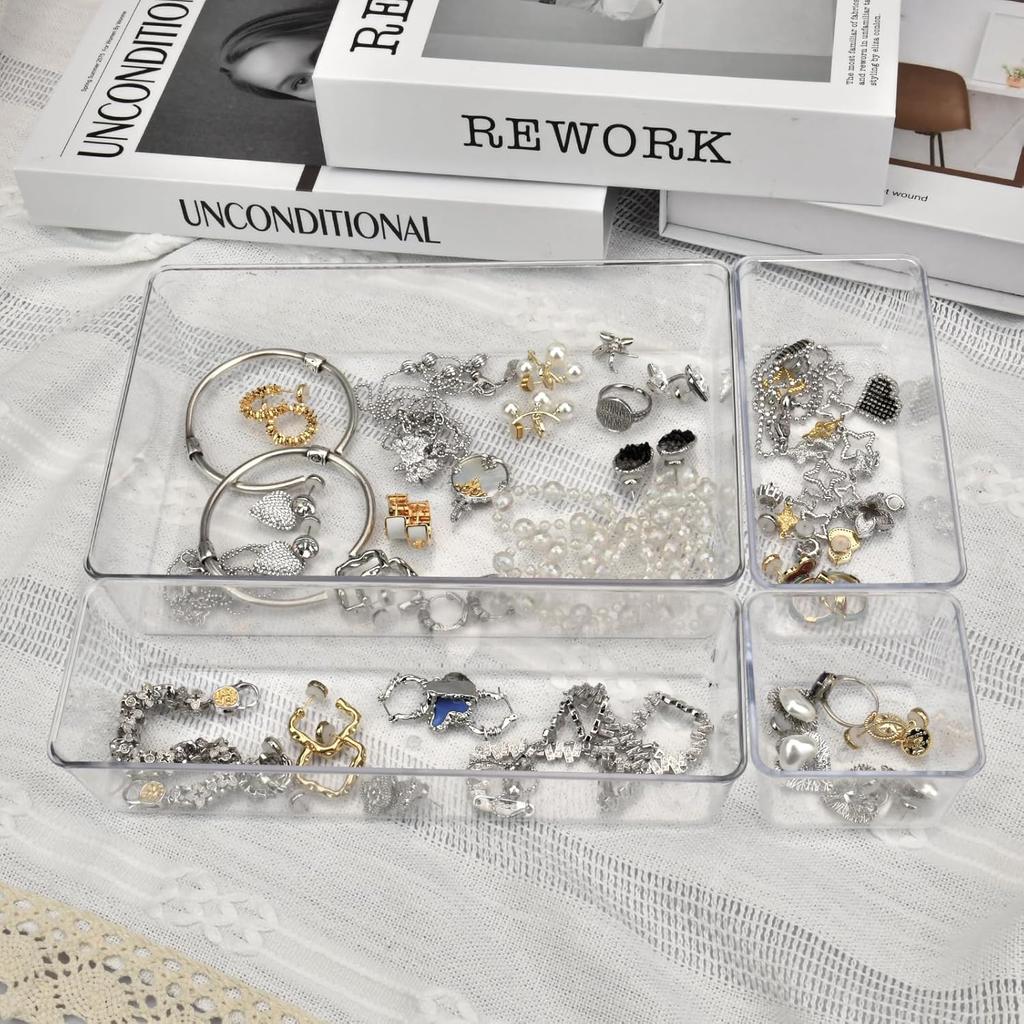 Drawer Organizers Set of 15, 4 Sizes Clear Plastic Drawer Organizers and Storage B for Kitchen, Bathroom, Office, Dresser Desk Drawer Organizer Tray