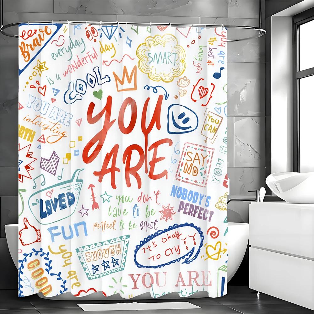 Inspirational Quotes Colorful Graffiti Text Shower Curtain, Bathroom Decorative Shower Curtain, Waterproof Shower Curtain with H