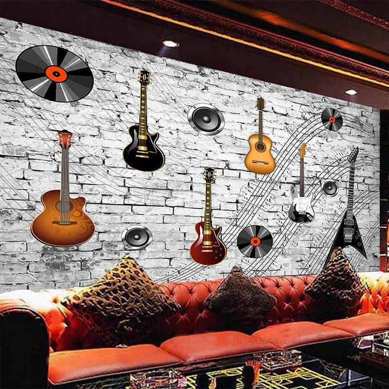 3d Nostalgische Ziegel Wandbild Gitarre Musik Tapete Bar Werkzeug Hintergrund Tapeten Fresko