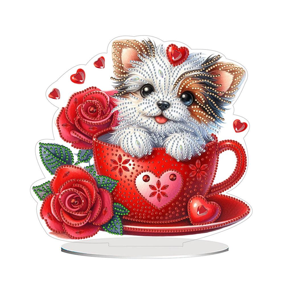 5D DIY Romantic Valentines Day Diamond Tabletop Decor Cat Rose Dog Rose Small Flower Bed Rose Hot Air Balloon Tabletop Decor