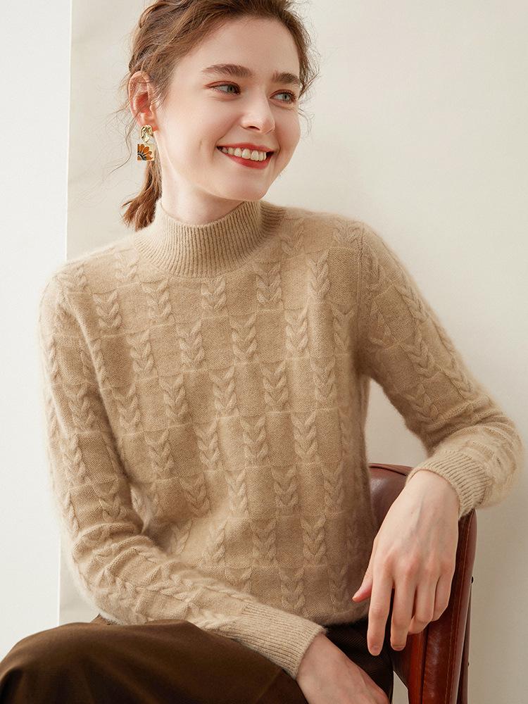 Women's Heavyweight Cashmere Cable Knit Top, Long Sleeve, Semi-High Neck, Loose, Warm Sweater for Autumn/Winter.