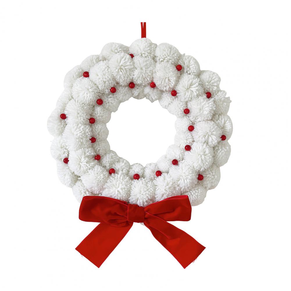 Festive Holiday Wreath Holiday Wreath White Fuzzy Pom Pom Ball Christmas Wreath with Bow Berries Festive Holiday Decor for Home