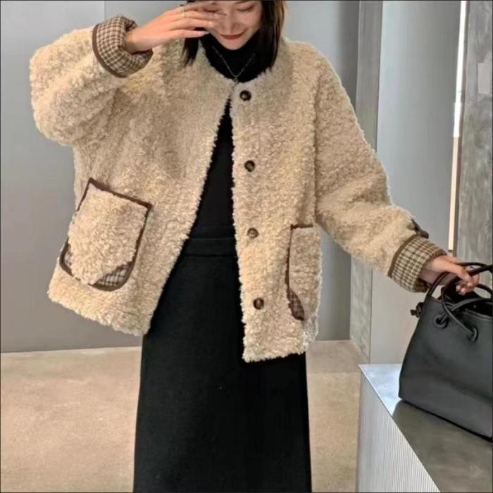 

Женское повседневное короткое пальто в корейском стиле из натуральной шерсти ягненка с бархатной подкладкой, 2025 3XL бежевый
