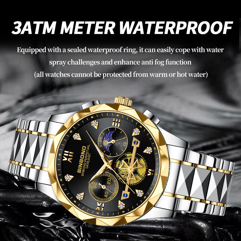 Binbond Latest Luxury Top Brand Men'S Watch Waterproof Luminous Timer Automatic Date Stainless Steel Man Quartz Movement Watch +Box