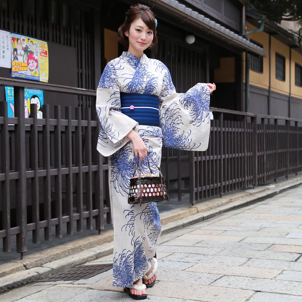Yukata Premium Cotton and Linen Yukata Set Chrysanthemums on a Natural The and blue yukata feature a and sophisticated "Wa Nadeshiko" Women's Set,