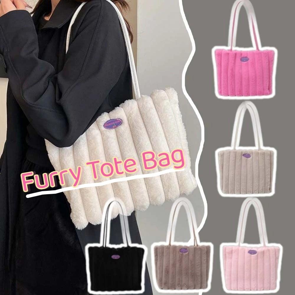Stripe Plush Shoulder Bag Portable Commuting Handbag Polyester Furry Tote Bag  Women