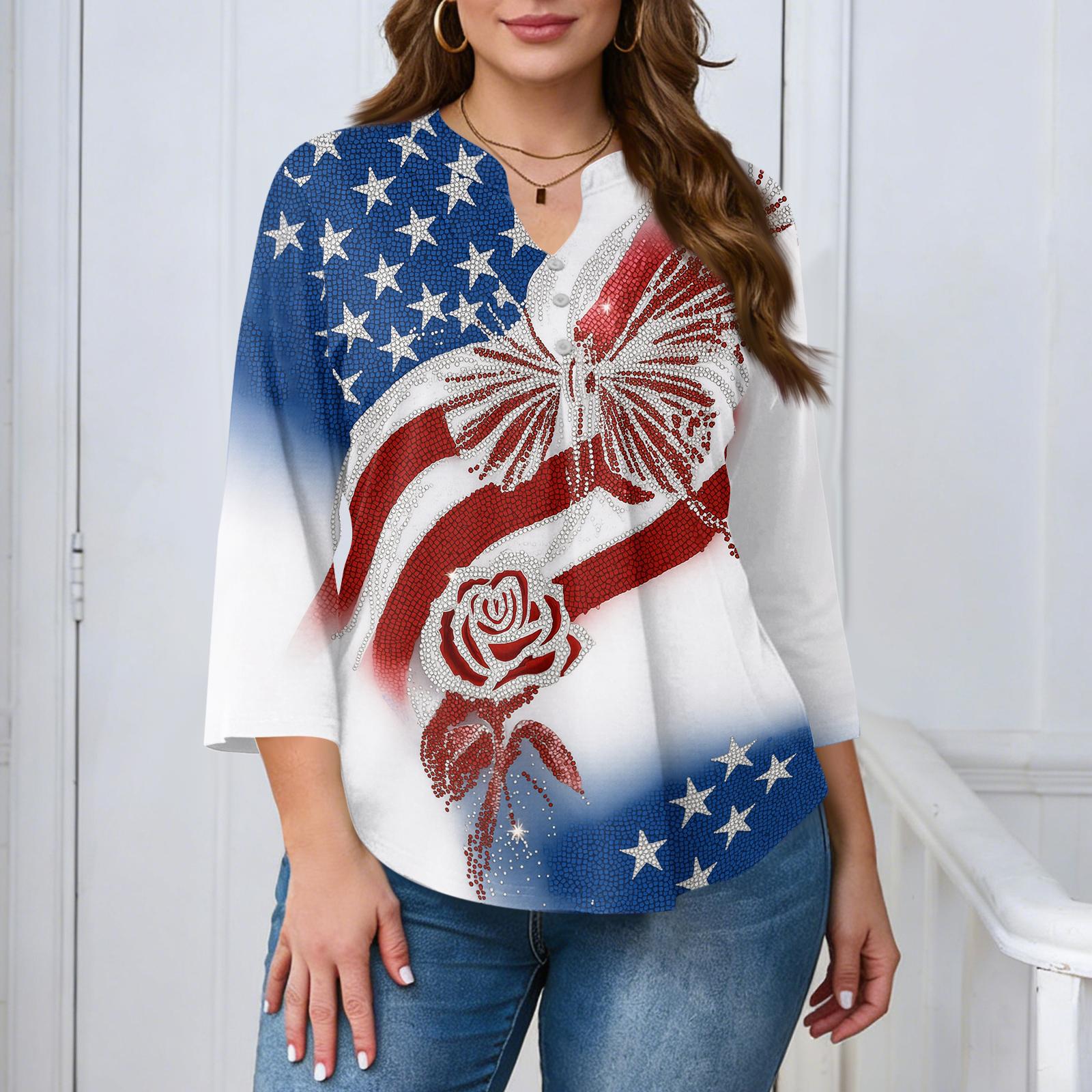 

Women’s 3/4 Sleeve V Neck Top with America 1776 2024 Print Loose Fit Casual Blouse for Daily Wear and Outdoor Activities XL кавун червоний колір