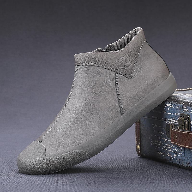 New spring mid-top leather boots with British style high-top men's shoes autumn men's casual leather shoes trendy shoes