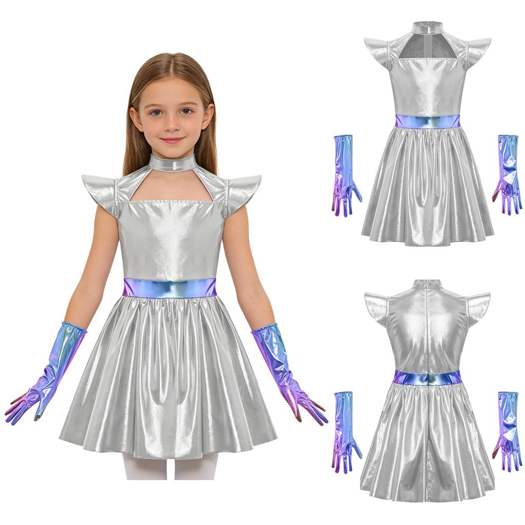 Kinderen Meisjes Buitenaards Cosplay Kostuum Uitgesneden Vliegende Mouw Metallic A-lijn Jurk met Handschoenen voor Halloween Robot Buitenruimte Feest