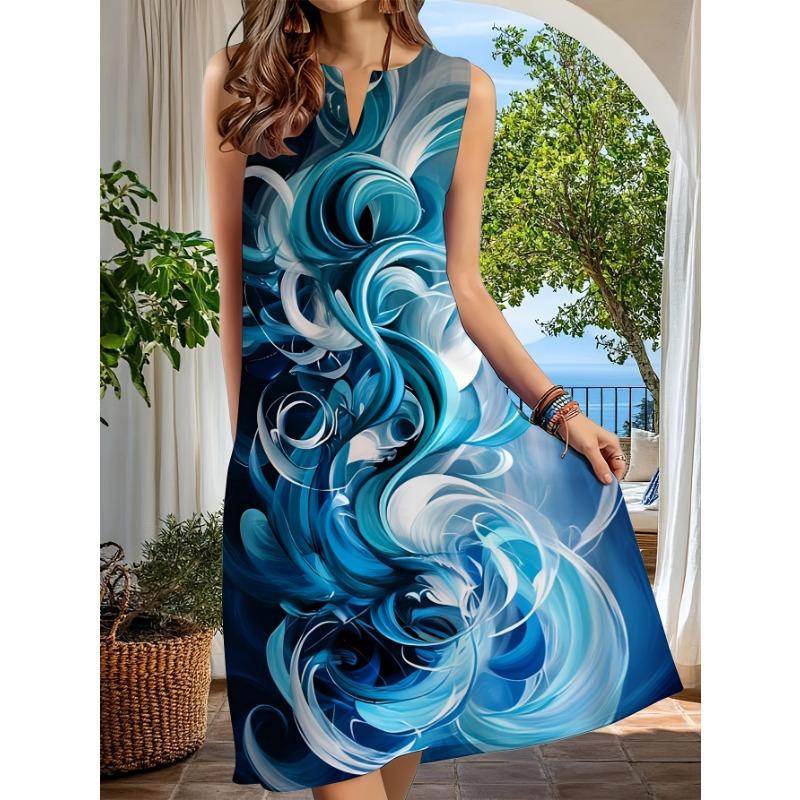 Robe d'été sans manches à col fendu avec imprimé tourbillonnant artistique, Robe midi décontractée pour les vacances, la plage, le quotidien