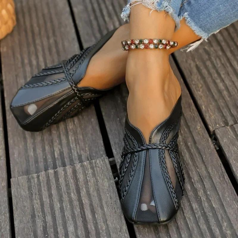 Fashion Wear Hollow Mesh Yarn Outside, Heighten Block Heel Woven Slippers for Women 2025 New Semi-drag Fashion Baotou Cool Slippers