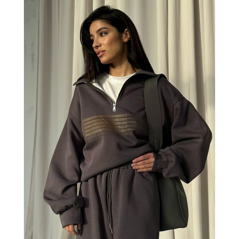 

European and American Leisure Lapel Half Zipper Hoodie Loose Trousers Set Women Sweatshirt and Pants Set Brown L