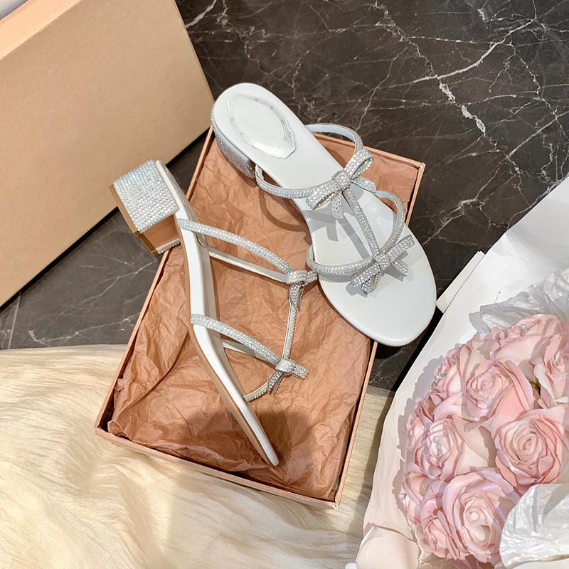 Fashion Luxury Crystal Glitter Bowknot Narrow band Women Slipper Sandals Comfor Square heeled Mules Slides Summer Female Daily Shoes