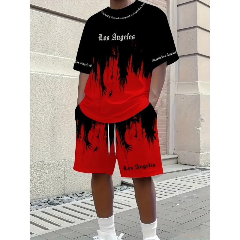 2-piece New Casual Los Angeles Letter Printed Men's Short Sleeved+shorts 3D Set