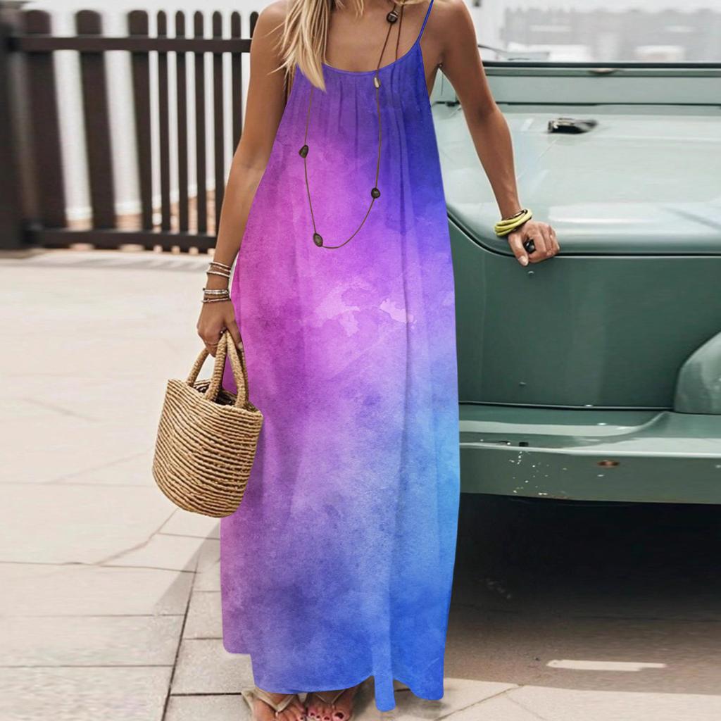 Dámské Módní Ležérní Volné Šaty s Květinovým Potiskem a Úzkými Ramínky Bez Zad