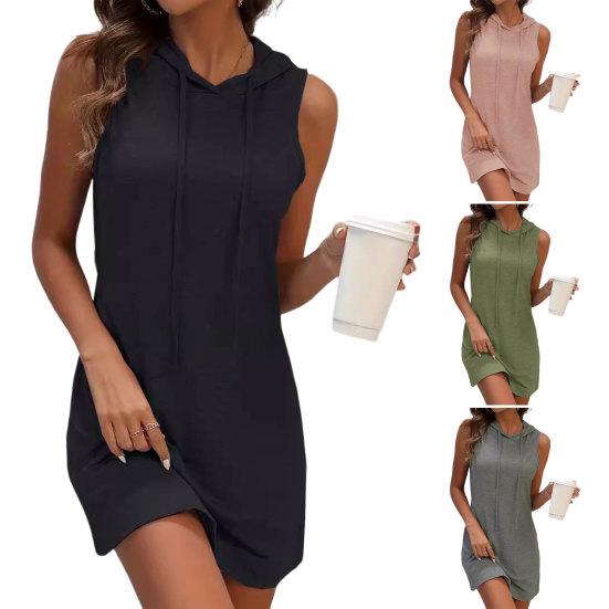 Damen Sommer Hoodie Kleid Ärmellos Mit Kordelzug Kapuze Sweatshirt Tunika Minikleid Lässig Kurz Tanktop Kleid