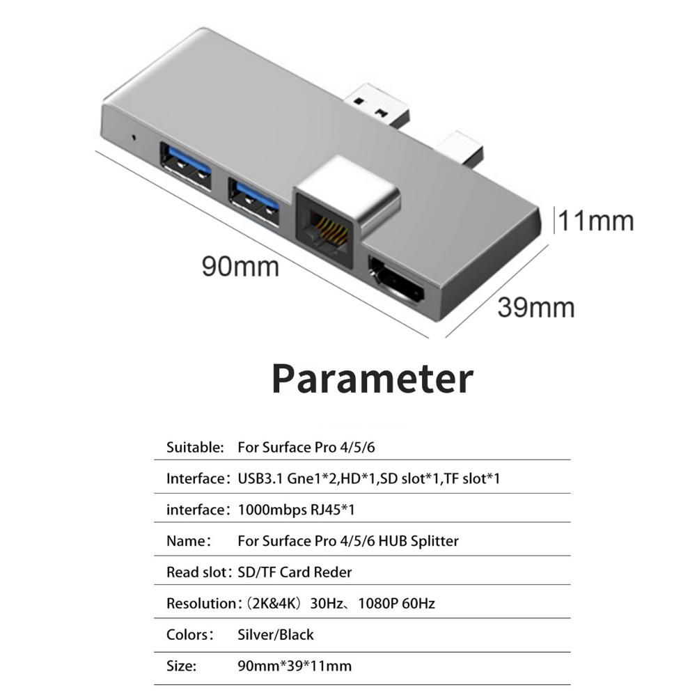 

For Microsoft Surface Pro 4/5/6 Docking Station Hub Multifunction Converter With 4K HDMI Compatible RJ45 USB3.1 SD/TF Card Ports срібний