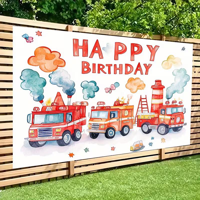 2D Red Fire Truck Birthday Backdrop Watercolor Style Party Decoration