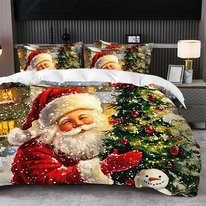Christmas-themed Printed Duvet Cover and Pillowcase Set Santa Claus Reindeer Sleigh Christmas Tree Snowflakes 2pcs/3pcs Bedding