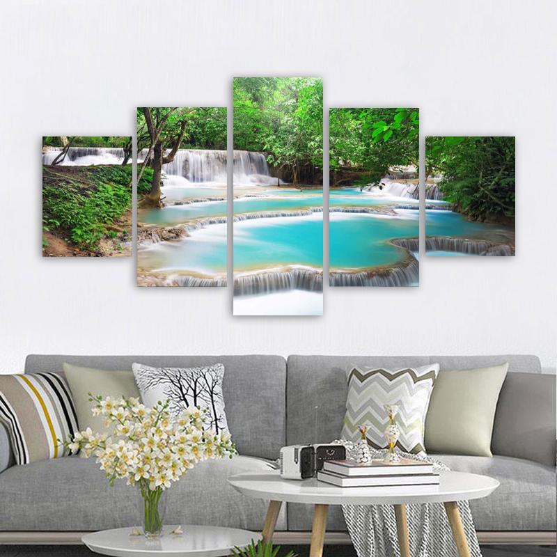 5 Panels Landscape Waterfall Posters and Prints Canvas Painting Wall Art Pictures Living Room Home Decor Lake Tree No Frame