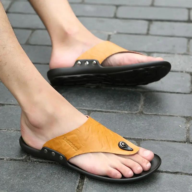 Fashion Men's Shoe Flat Outdoor Beach Leather Shiatsu Male Slipper Slides Flip Flops Original Y2k 2025 Style Cheap Shoes Liquidation Fun