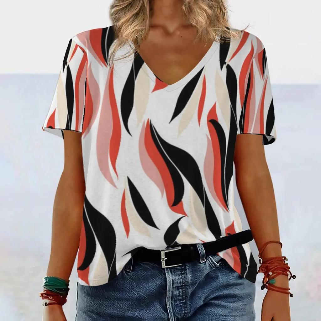 Women's Short Sleeved Fashionable T-shirt with Geometric 3D Printing, Women's V-neck Short Sleeved T-shirt