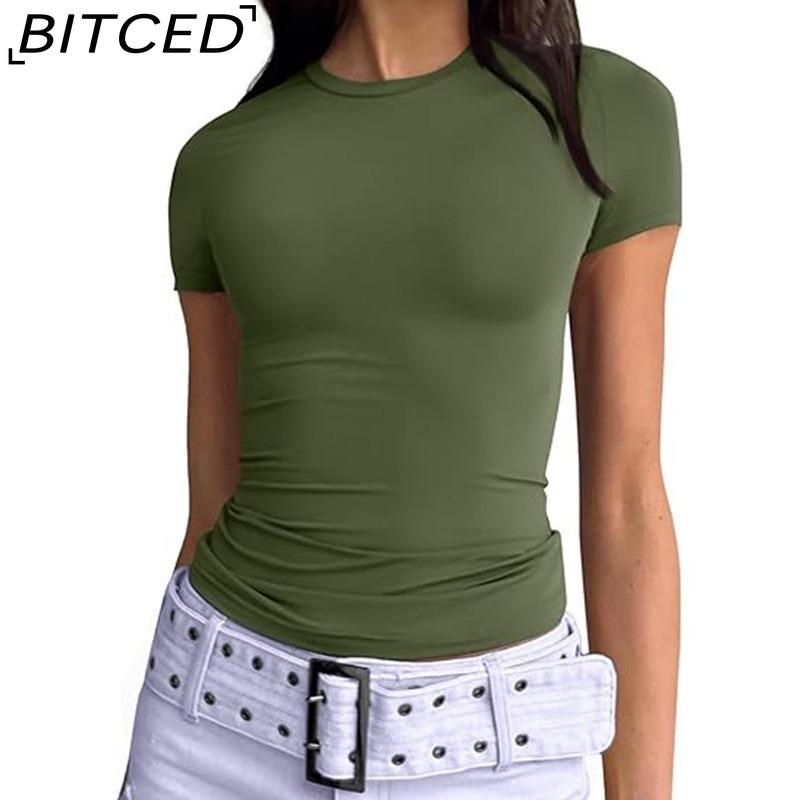 BITCED Damska koszulka z długim rękawem na lato: Stylowe topy z dekoltem O, dopasowane, do noszenia jako warstwa zewnętrzna