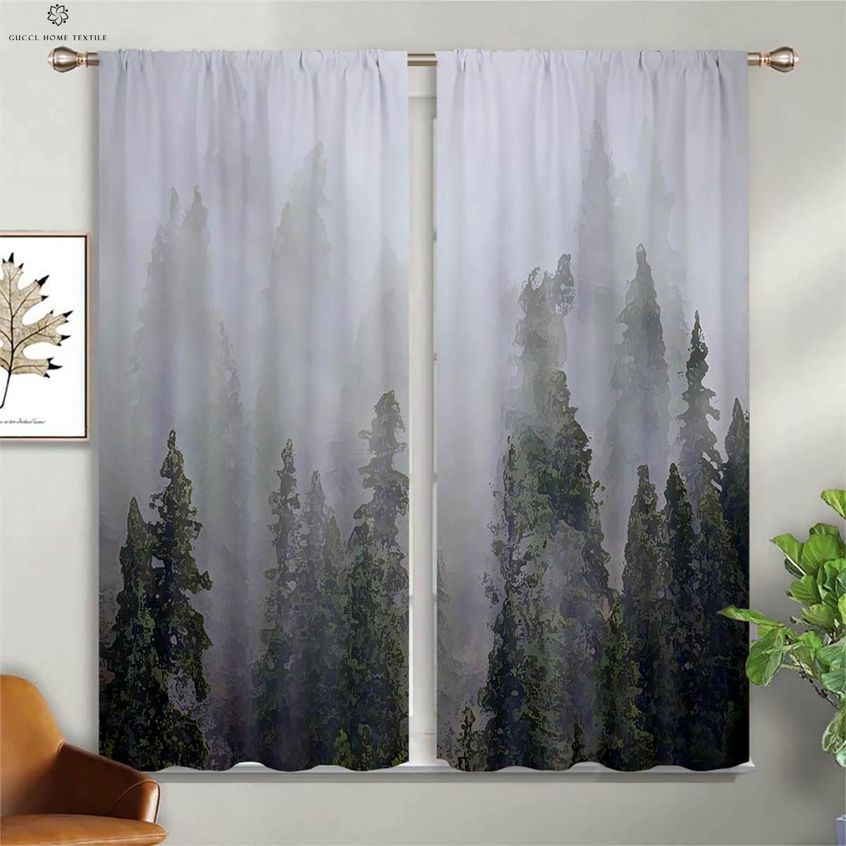 Nebelwald-3D-Druck Vorhänge, Grüne Vegetation, Stangentasche, Schlafzimmer, Küche, Wohnzimmer, Dekorativ, 2 Stück W50xH130(CM)x2PCS&Rod pocket