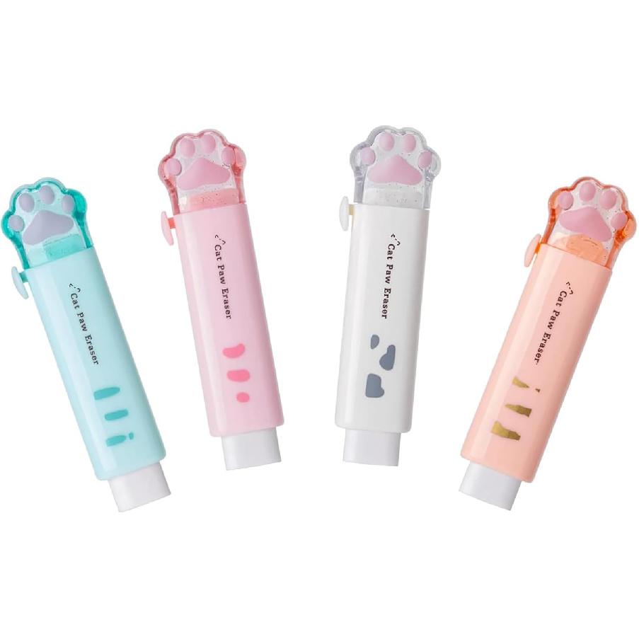 Retractable Pencil Eraser, 4PCS Push-Pull Rubber Eraser Traceless Useful Push-Pull Cat Paw Rubbing Eraser Cute Rubber Suitable for School Home Office