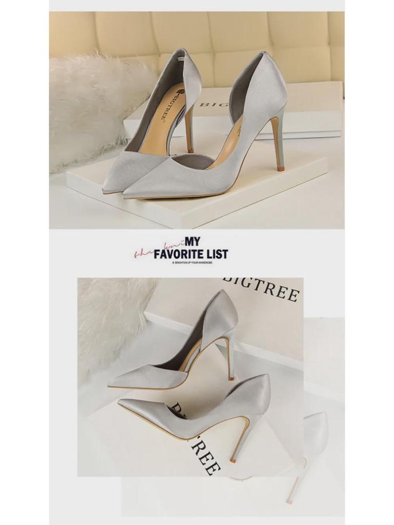 European & American Style Satin Stiletto Heels – Pointed, Shallow, Side Hollow Design for a Sexy Nightclub Look, Slim Fit Women's High Heels