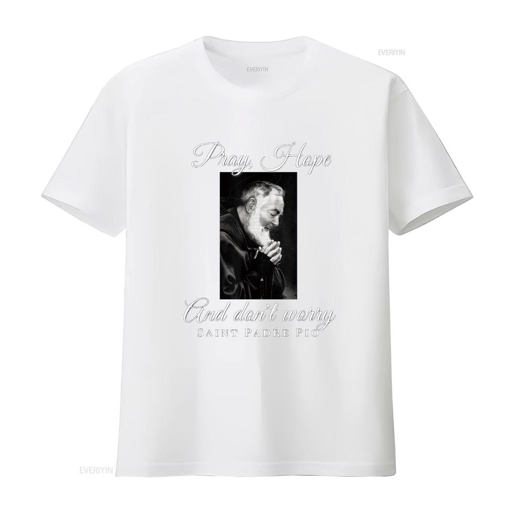 San Padre Pio Prega Spera Non Preoccuparti T-Shirt Cristiana Cattolica vintage Lavata moda streetwear Grafica alla moda Casual homme