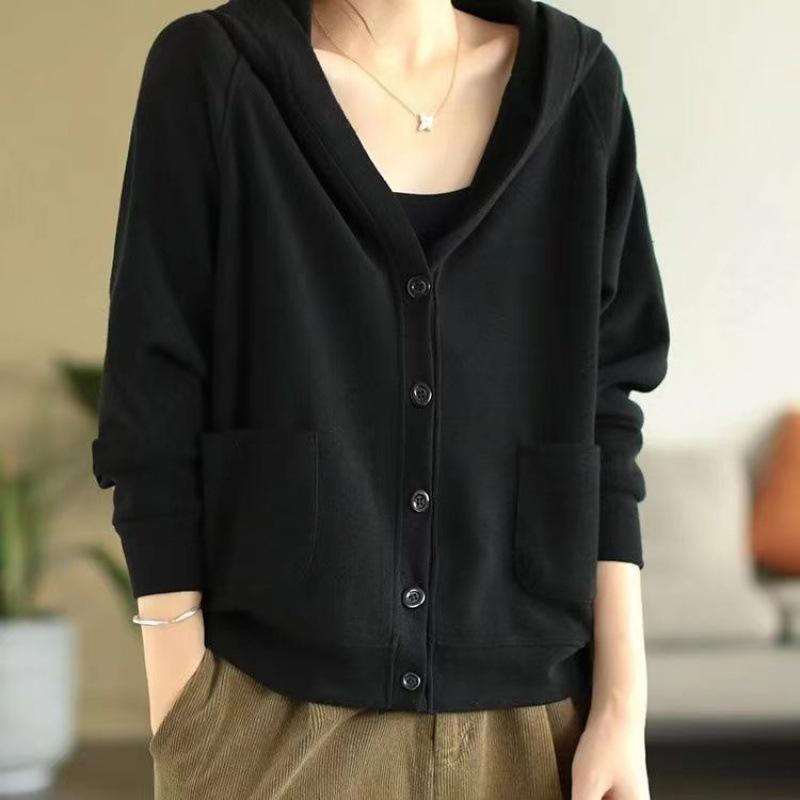 Lässige Einfache Pendler Kapuzen Baumwolljacke Damen Einfarbige Herbst Neue Langarm-Oberteil