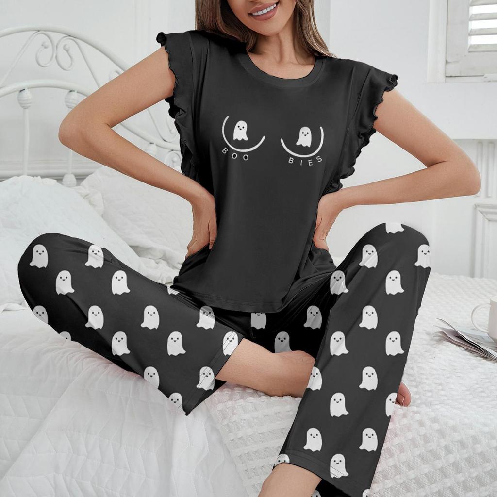 Summer Pijama Women Graphic Print Pajamas Set Short Sleeve Crew Neck Tops Elastic Waistband Pants Women's Black Sleepwear Loungewear Pj
