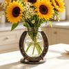 Creative Home Office Ornament Horseshoe Shaped Flower Vase, Rustic Metal Frame with Small Vase for Indoor Plants Clear Glass Jar, Western Farmhouse