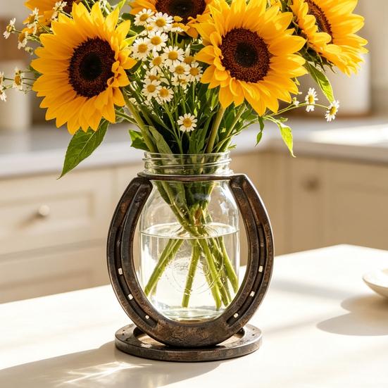 Creative Home Office Ornament Horseshoe Shaped Flower Vase, Rustic Metal Frame with Small Vase for Indoor Plants Clear Glass Jar, Western Farmhouse