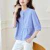 Striped Short-sleeved Shirt Women's Tops for Summer New Style Design Niche Wear Round Collar Shirt