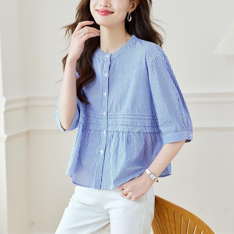 Striped Short-sleeved Shirt Women's Tops for Summer New Style Design Niche Wear Round Collar Shirt