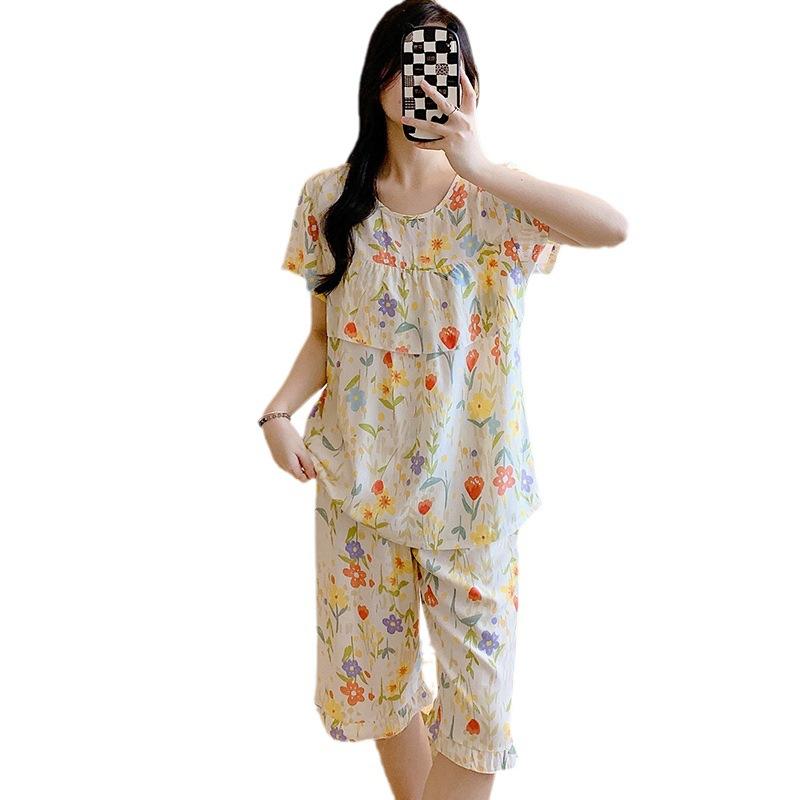 1011 New anti-bump cotton and silk pajamas women's summer ultra-thin short-sleeved trousers cotton and silk set large-size loungewear