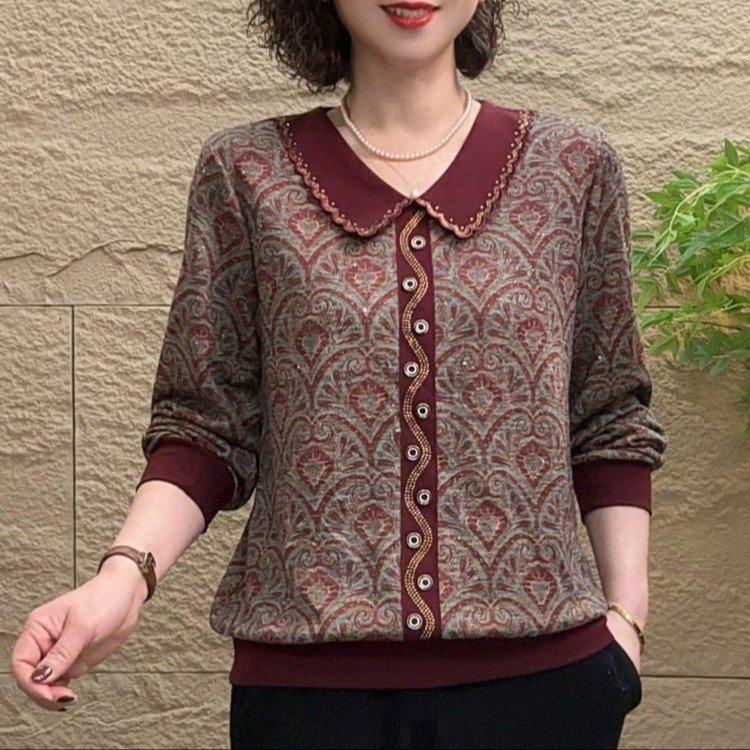 Spring Rhinestone Lace Doll Collar Slimming Long-Sleeved Top for Mothers