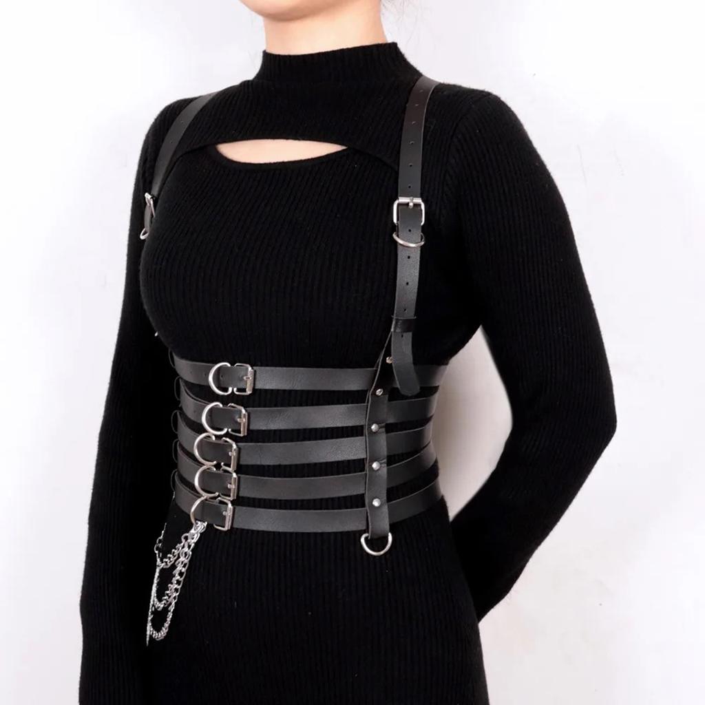 Women's Punk Rock Body Harness Belt with Chain - Adjustable Faux Leather Waist Cinch for Gothic Outfit