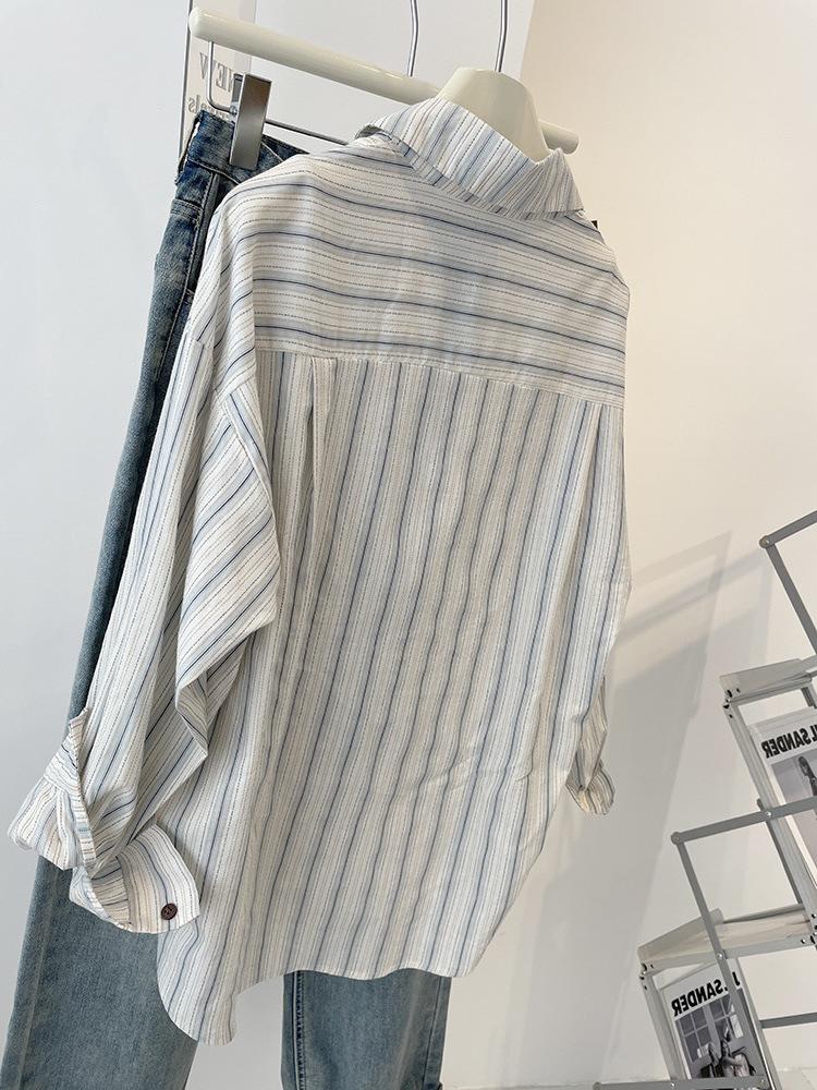 Plus Size French Striped Shirt Jacket – Trendy Light Luxury Hong Kong Style, Long Sleeve, Loose Casual Fit