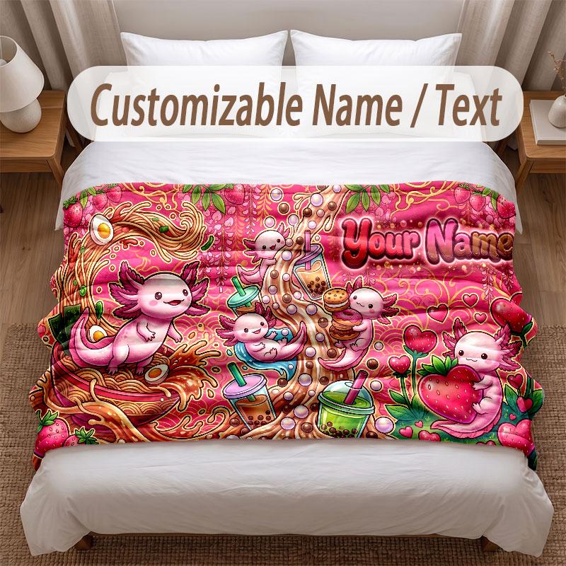 Axolotl Theme Soft Blanket Personalized Custom Name Text Print Warm Blanket Home Sofa Bedroom Decor