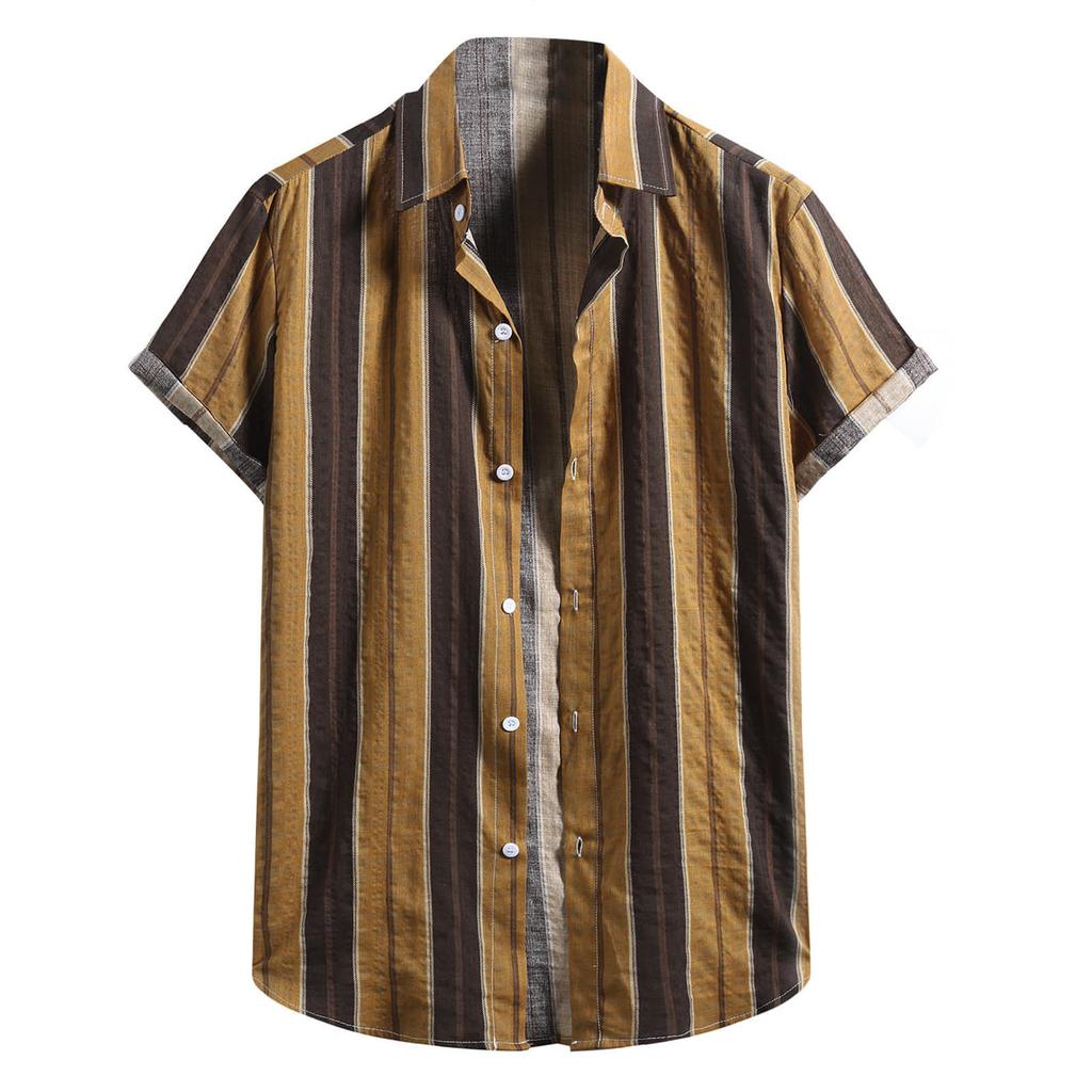 Blusa de manga corta con botones y estampado de rayas de lino y algodón a la moda para hombre