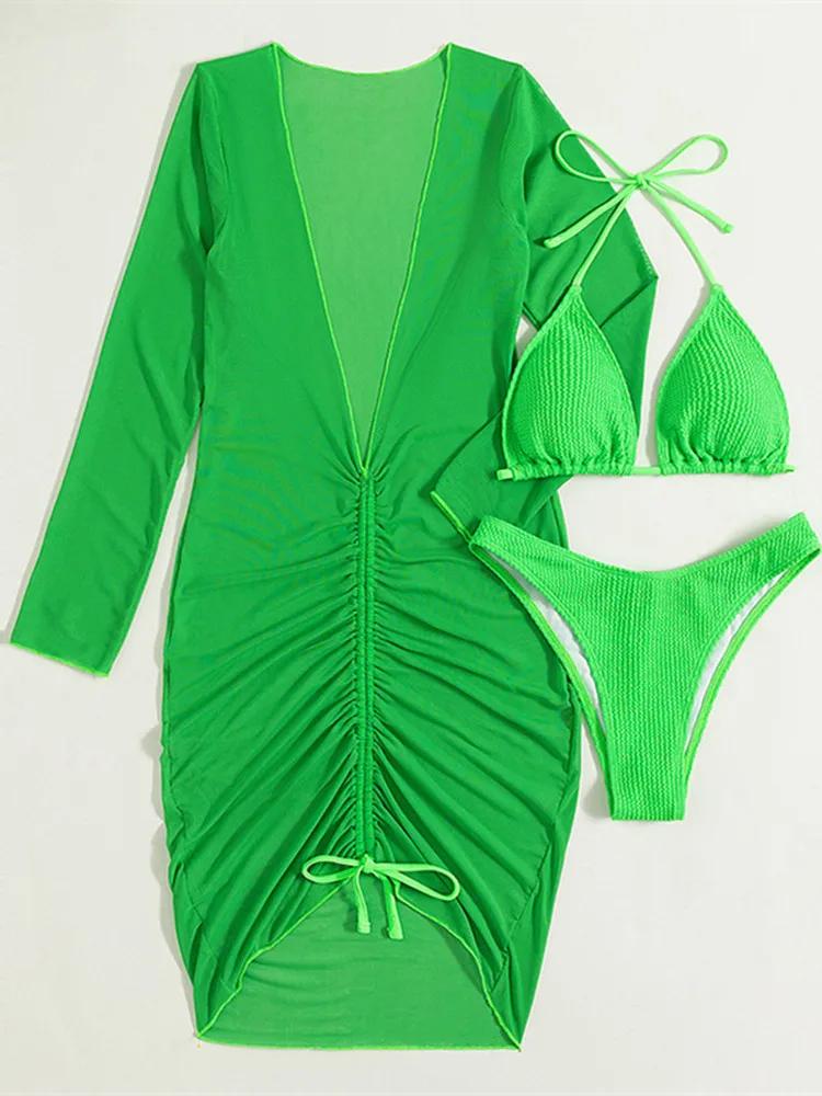 Sexy Dress Bikini Women Black Green Long Sleeve Pleate Cover Up 3 Piece Swimsuit Summer Bathing Suit Triangle Swimwear 2025