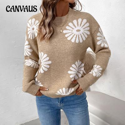 Autumn and Winter Women's Casual Long-sleeved Crew-neck Flower Sweater